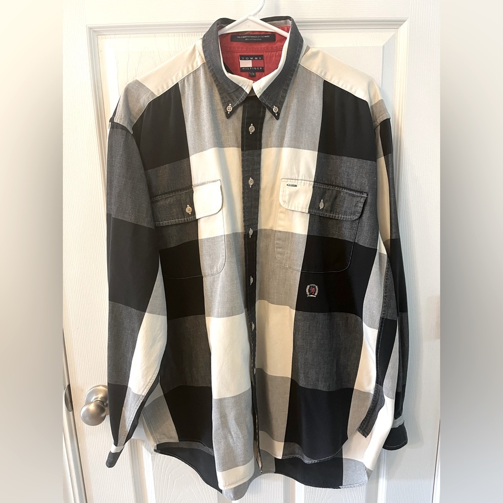 Tommy Hilfiger Navy Blue/White Long Sleeve Plaid Button Down Men’s Shirt
